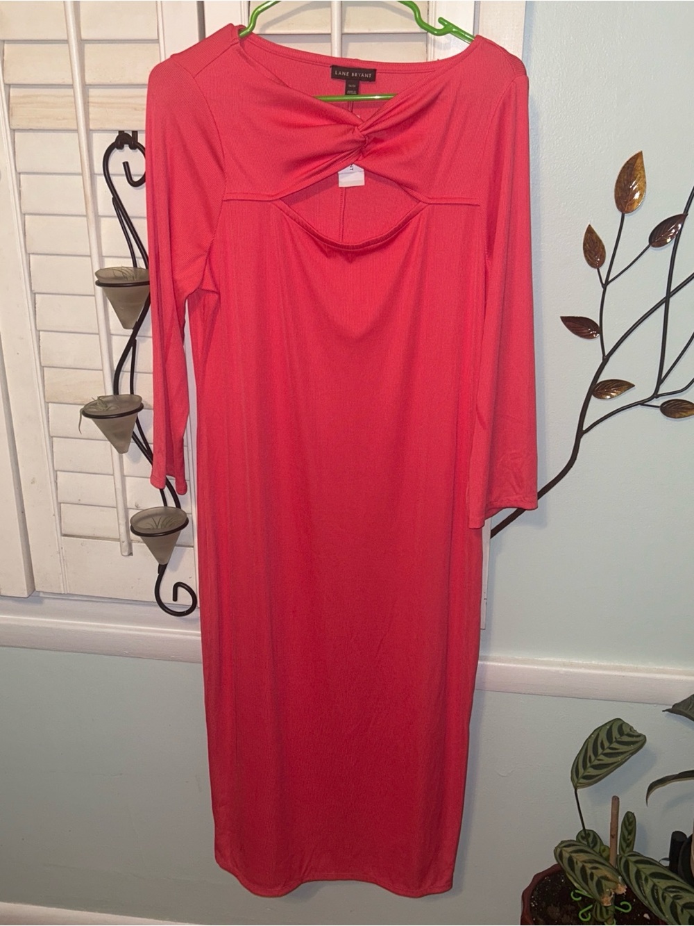Lane Bryant Coral Twist-Front Long Sleeve Midi Dress